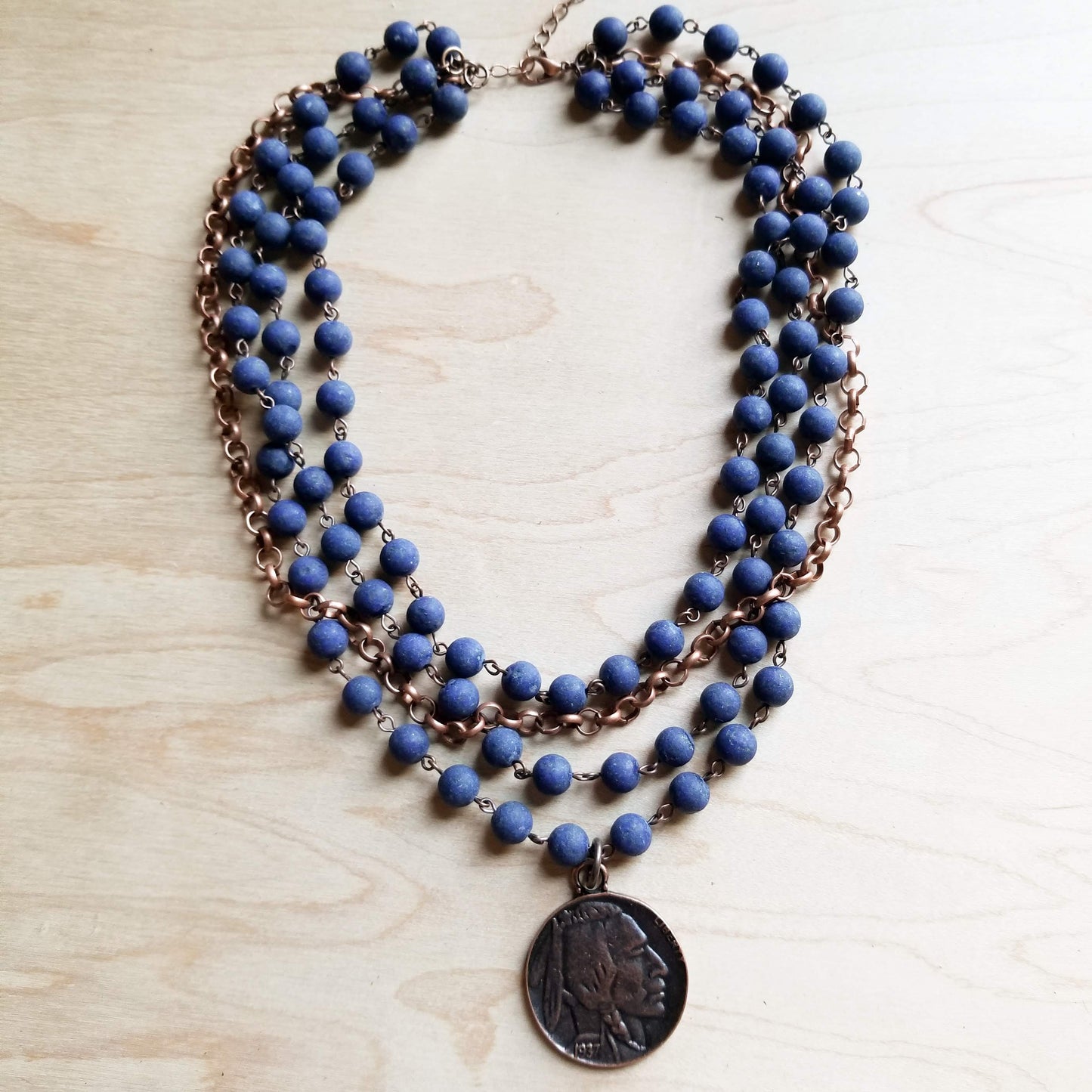 Blue Lapis Collar-Length Necklace with Copper Indian Head Coin