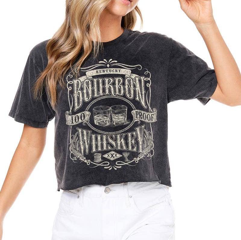 Woman wearing a black t-shirt with a bourbon whiskey graphic.