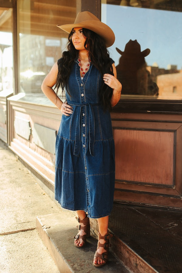 Dark Wash Denim Button Down Collared Sleeveless Dress at Bourbon Cowgirl