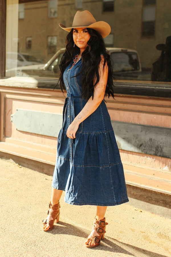 Dark Wash Denim Button Down Collared Sleeveless Dress at Bourbon Cowgirl