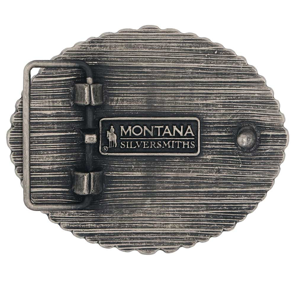 Two Tone Antiqued Round Barbed Longhorn Attitude Buckle by Montana Silversmiths