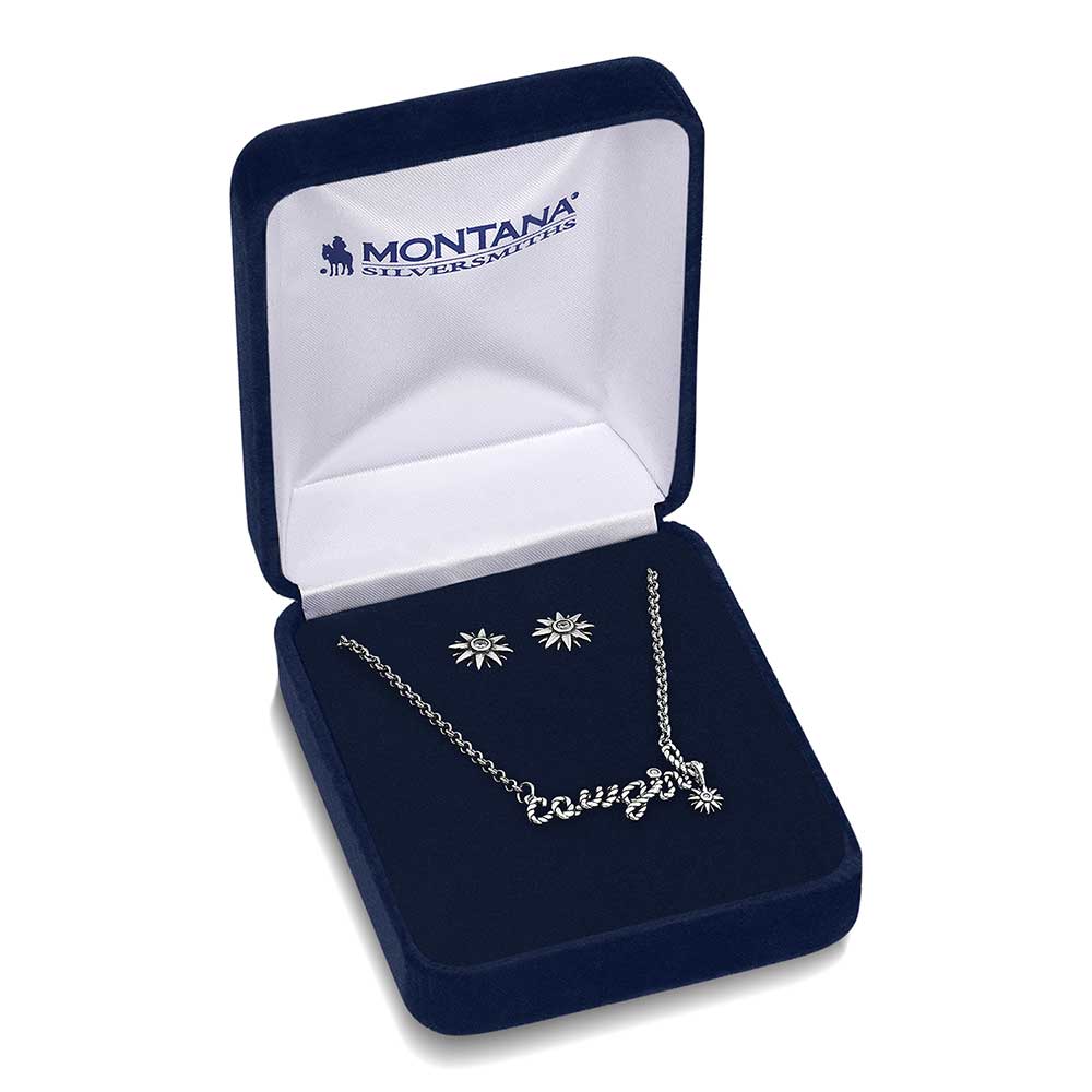Cowgirl necklace and earrings in box