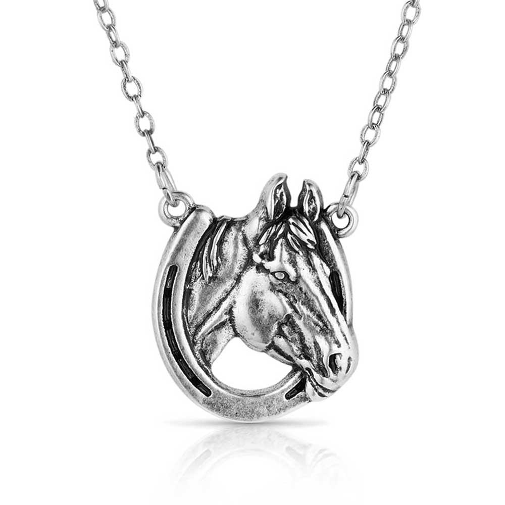 Silver horse head and horseshoe necklace (NC5881)