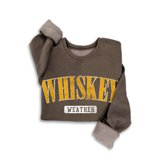 Brown sweatshirt with Whiskey Weather text.