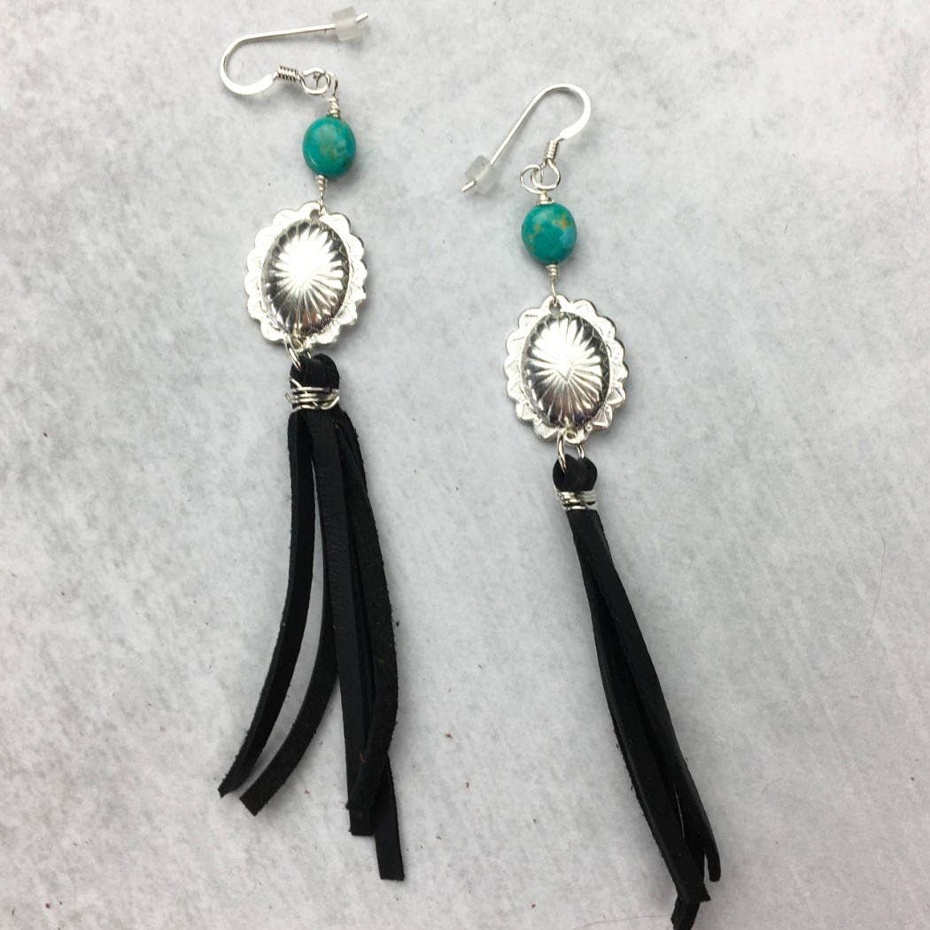 Concho and Turquoise Earrings with Leather Fringe - Quetzal