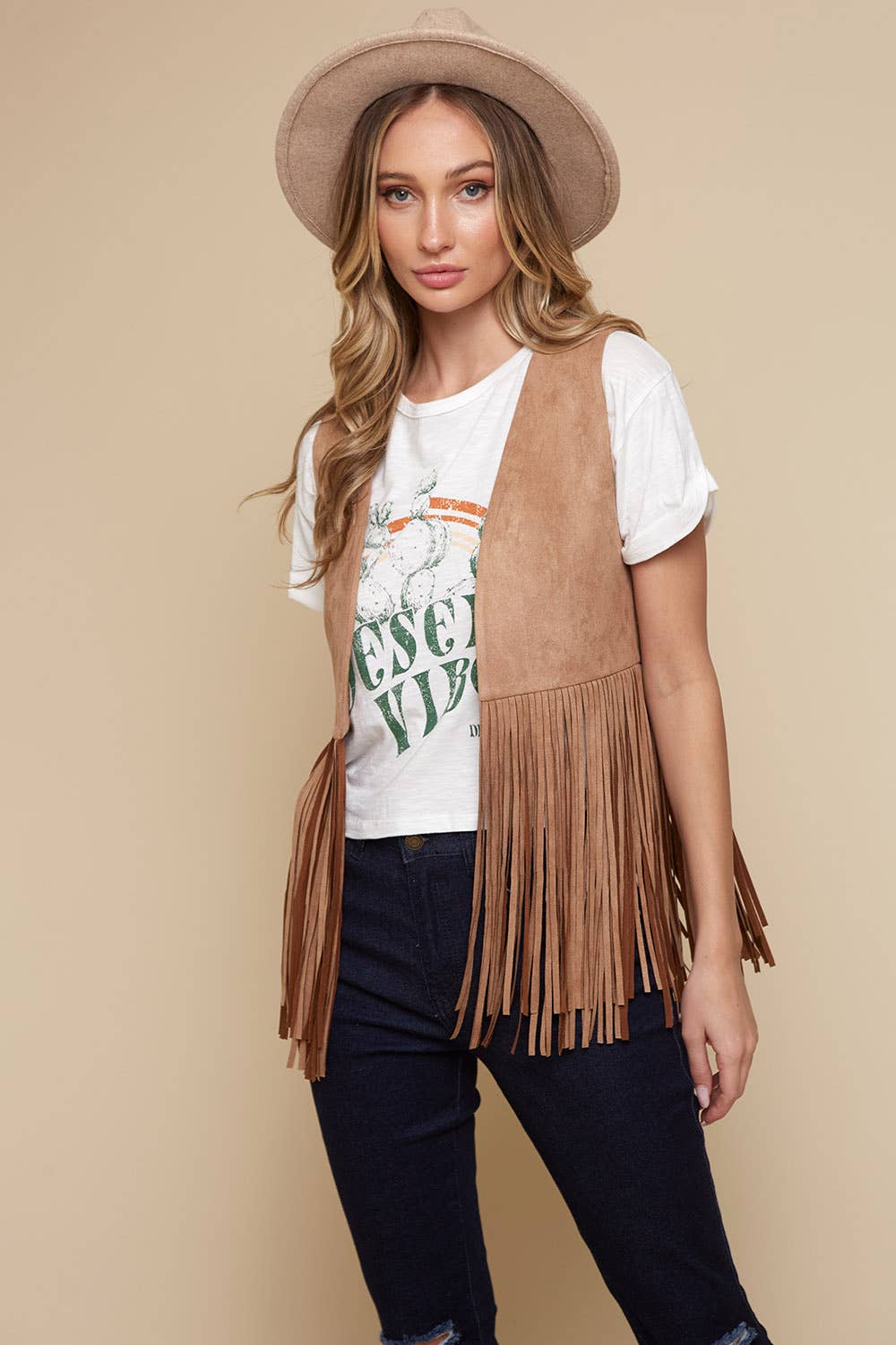 Tan Faux Suede Western Fringe Vest for Cowgirls