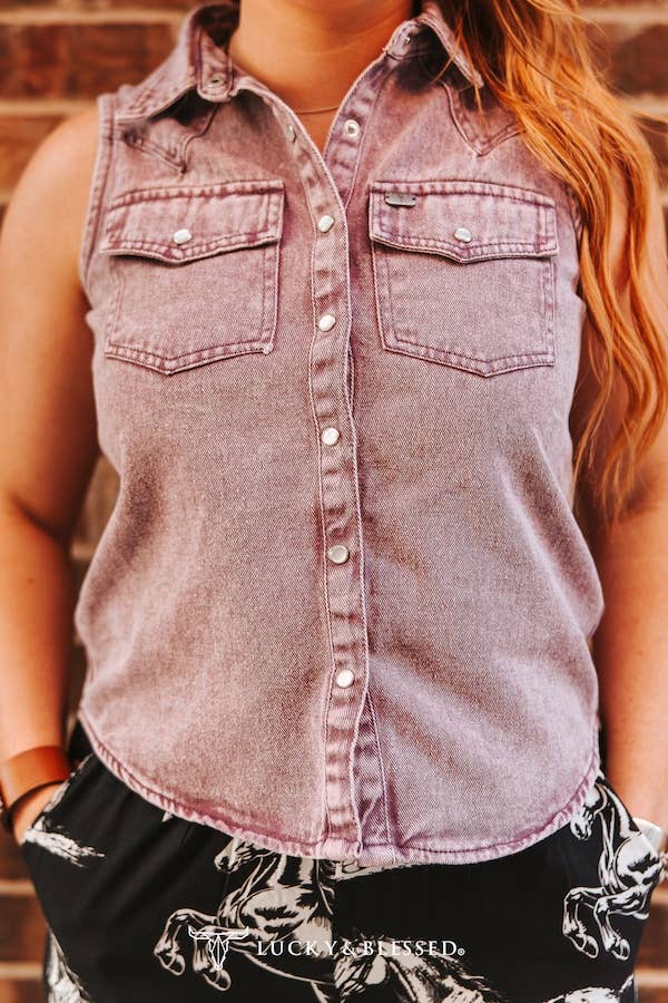 Lavender Denim Mineral Wash Sleeveless Pearl Snap Top