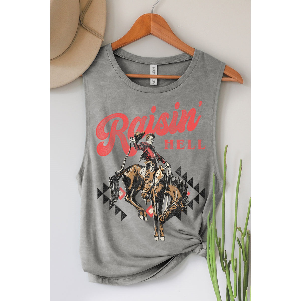 Gray tank top with Raisin' Hell graphic.