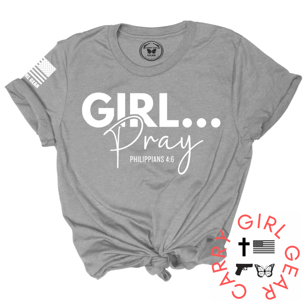 Girl Pray tee shirt in steel gray