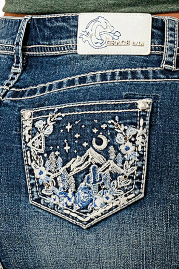 Starry Mountain View Embroidered Denim Skirt
