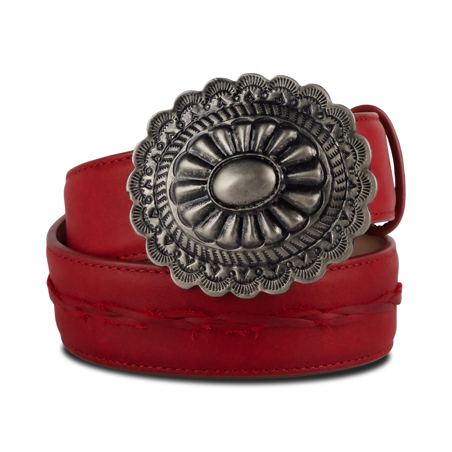 Red woven belt with silver buckle