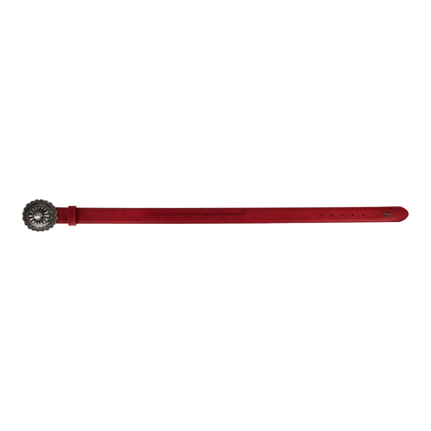 Woven belt with turquoise buckle and smoldering ruby red leather