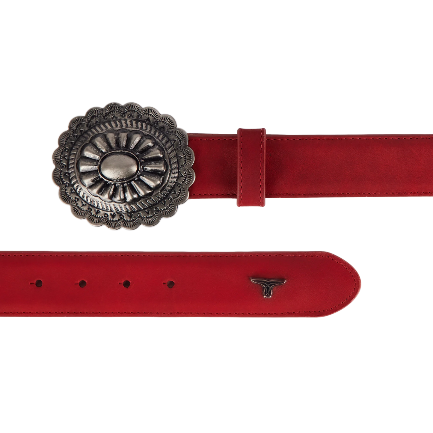 Red woven belt with turquoise buckle