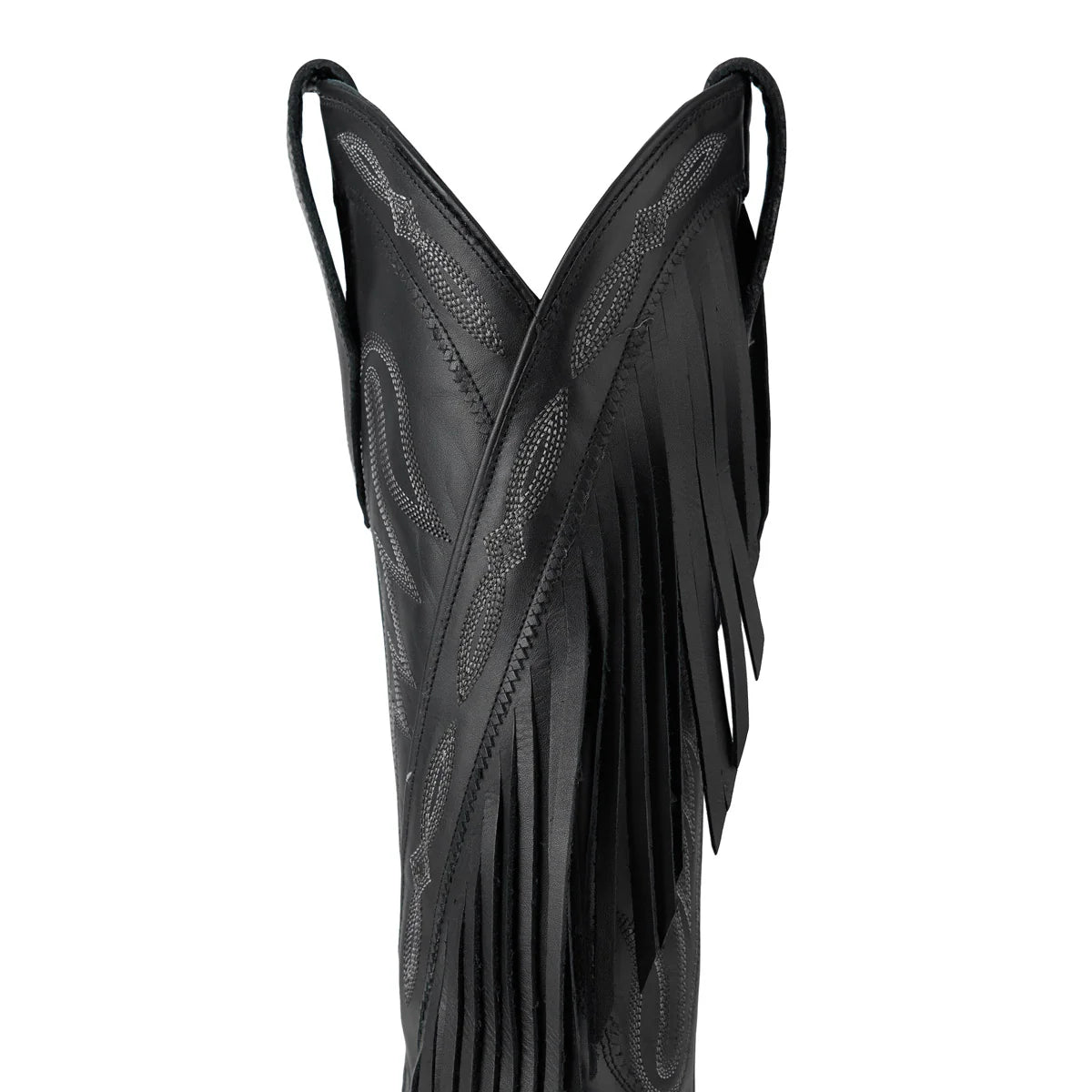 Black leather Senita Falls handbag with fringe.