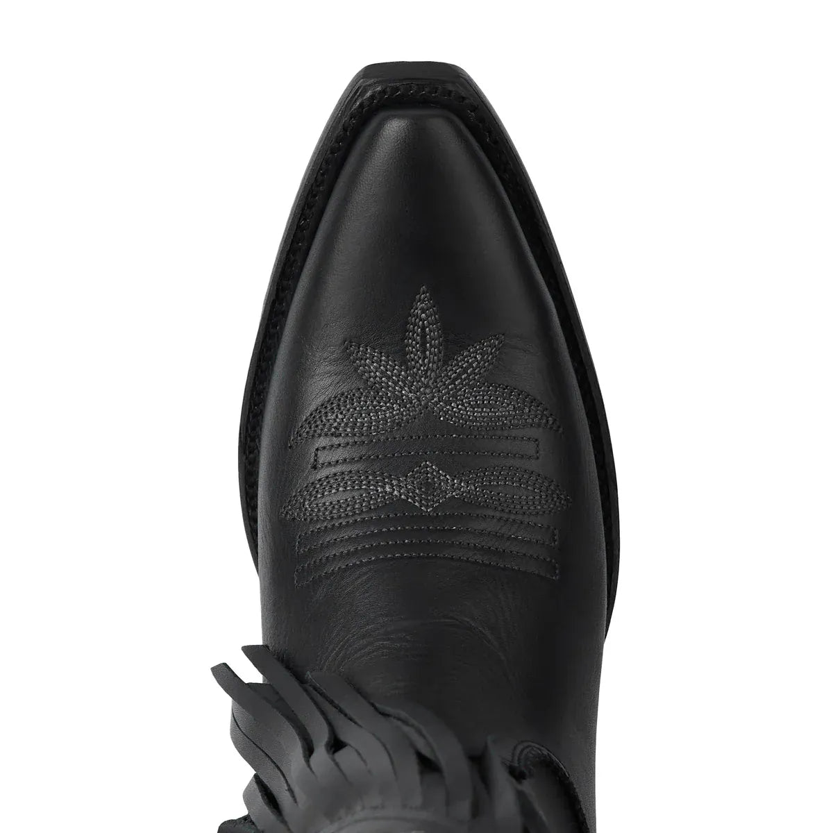 Jet black Senita Falls cowboy boot, close-up