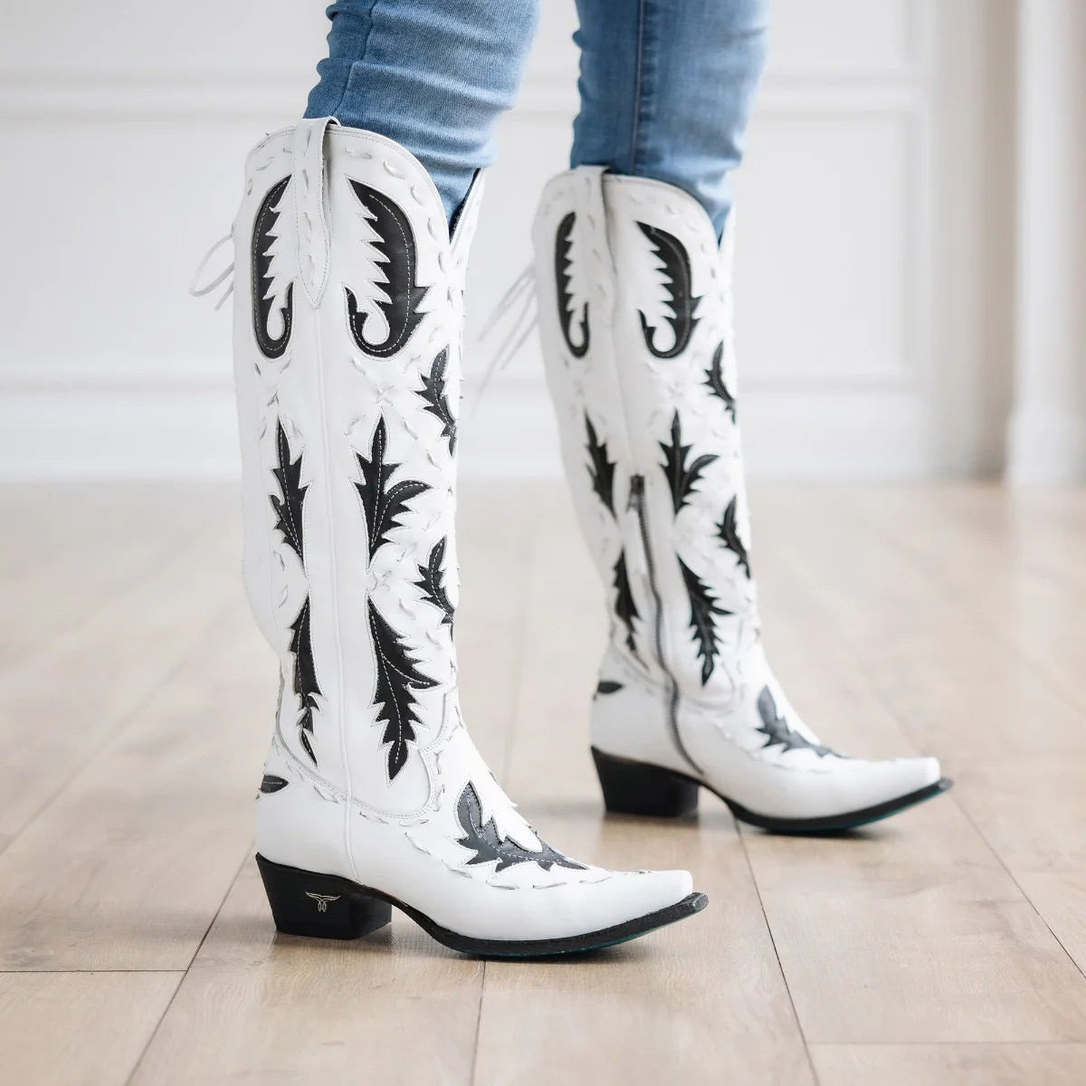 Reverie Black White Knee High Cowboy Boots