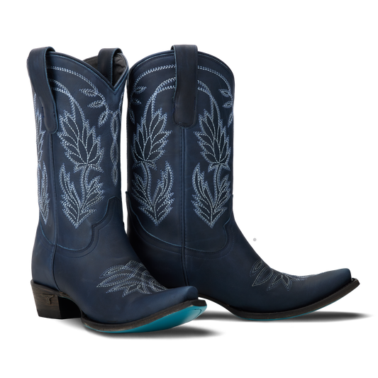 Blue leather cowboy boots with floral embroidery