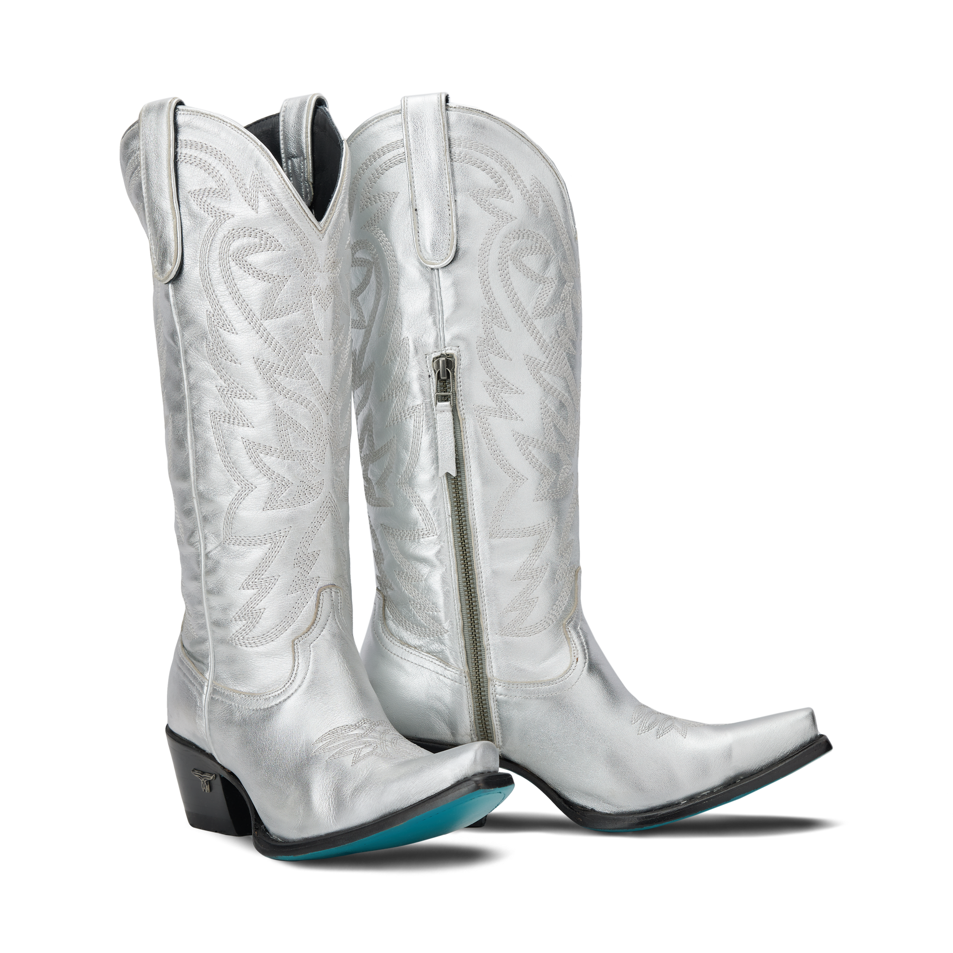 Silver Smokeshow cowboy boots with silver trail design