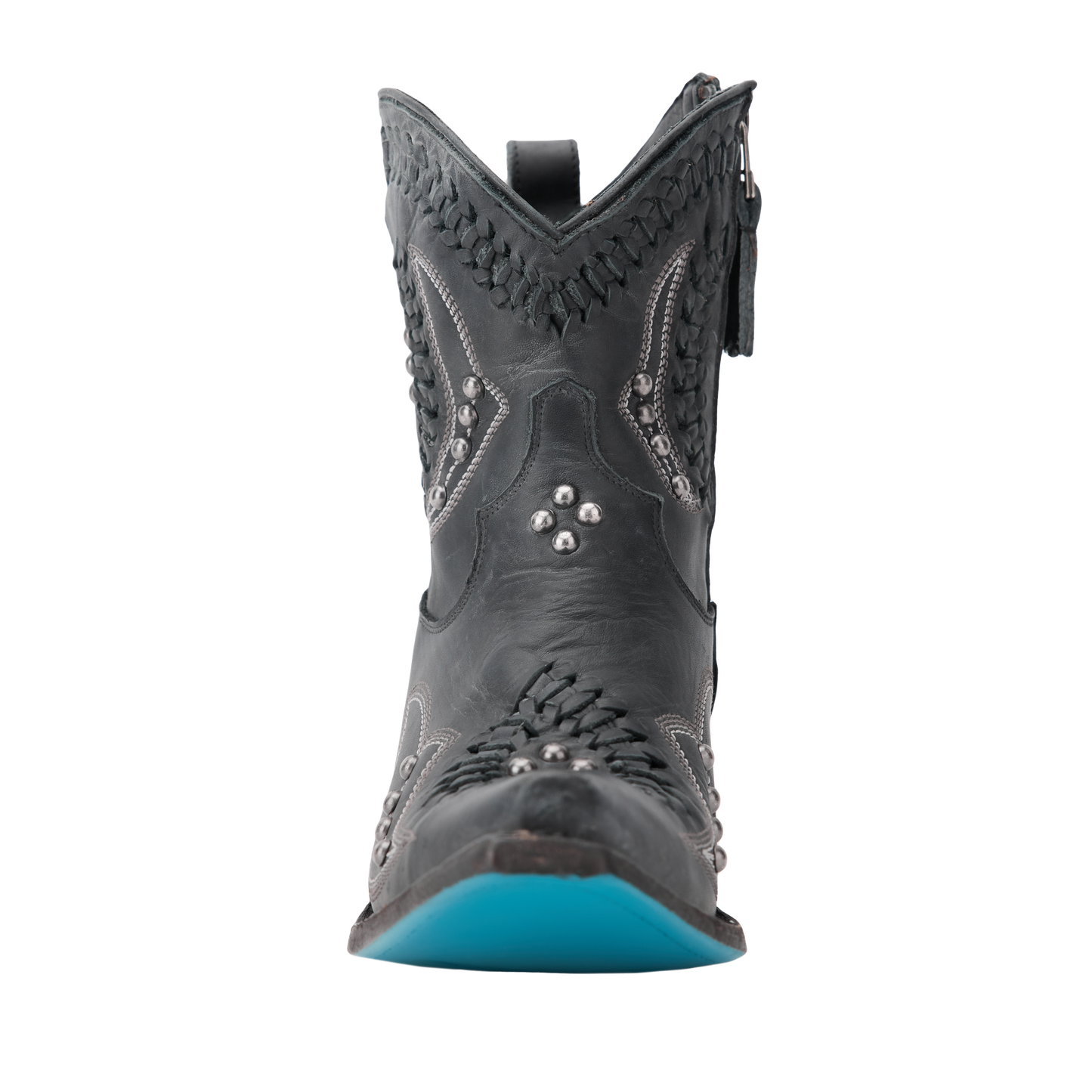 Distressed jet black Cossette bootie with turquoise sole.