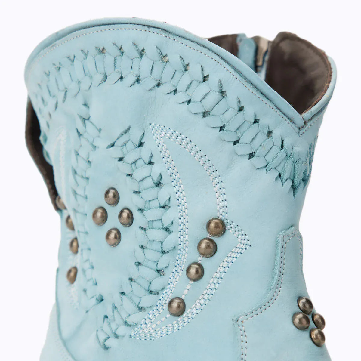 Powder blue Cossette bootie with studded detail
