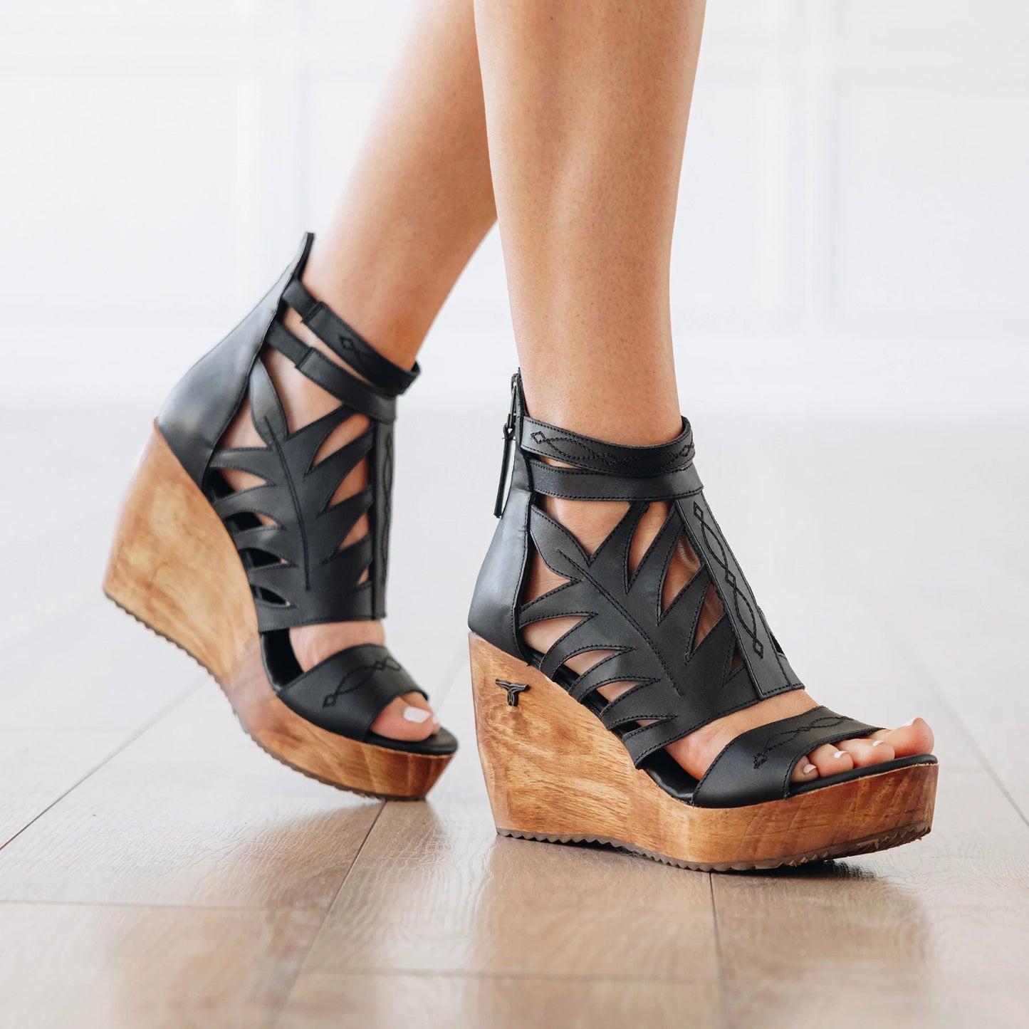 Black Becca wedge sandals with wooden sole