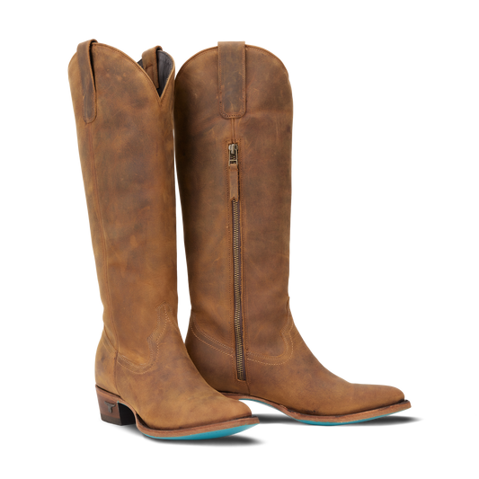 Burnt caramel Plain Jane boots with turquoise sole