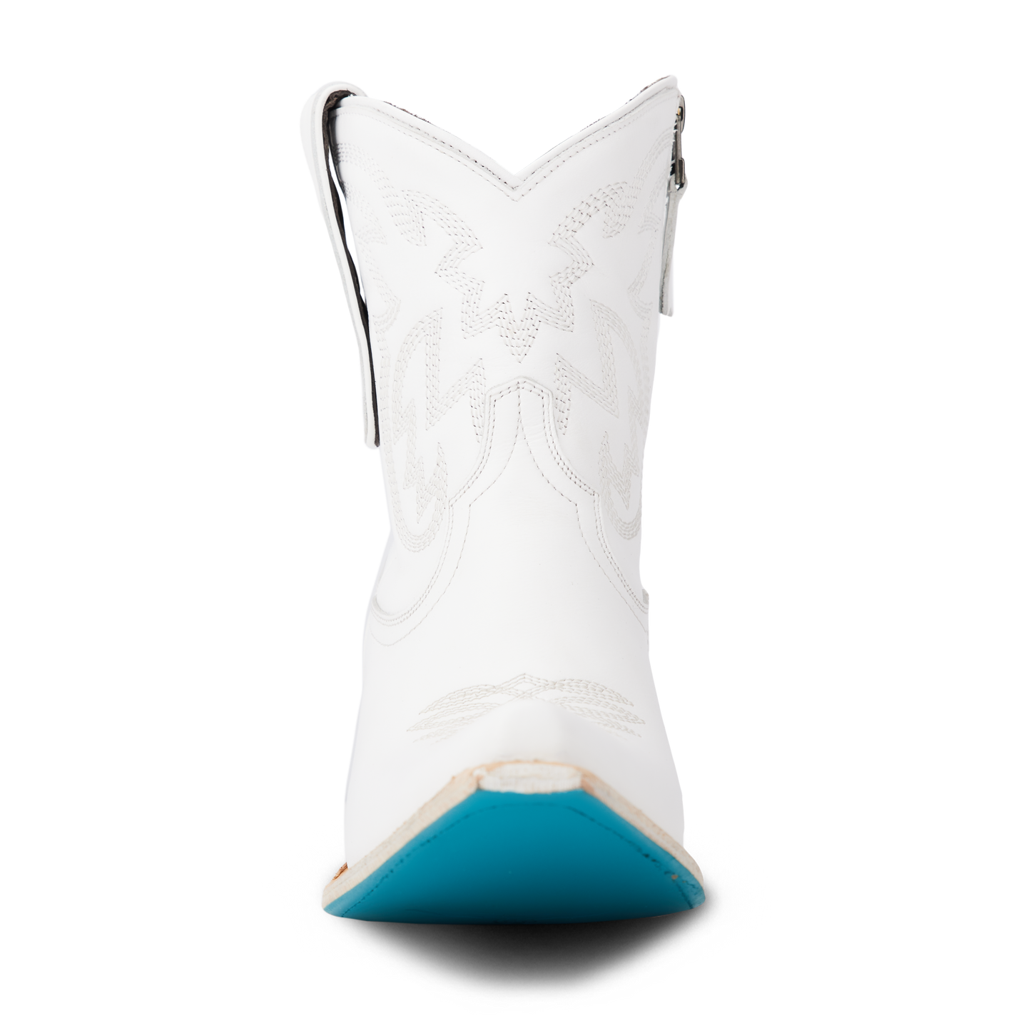 White Smokeshow Bootie cowboy boot with blue sole.