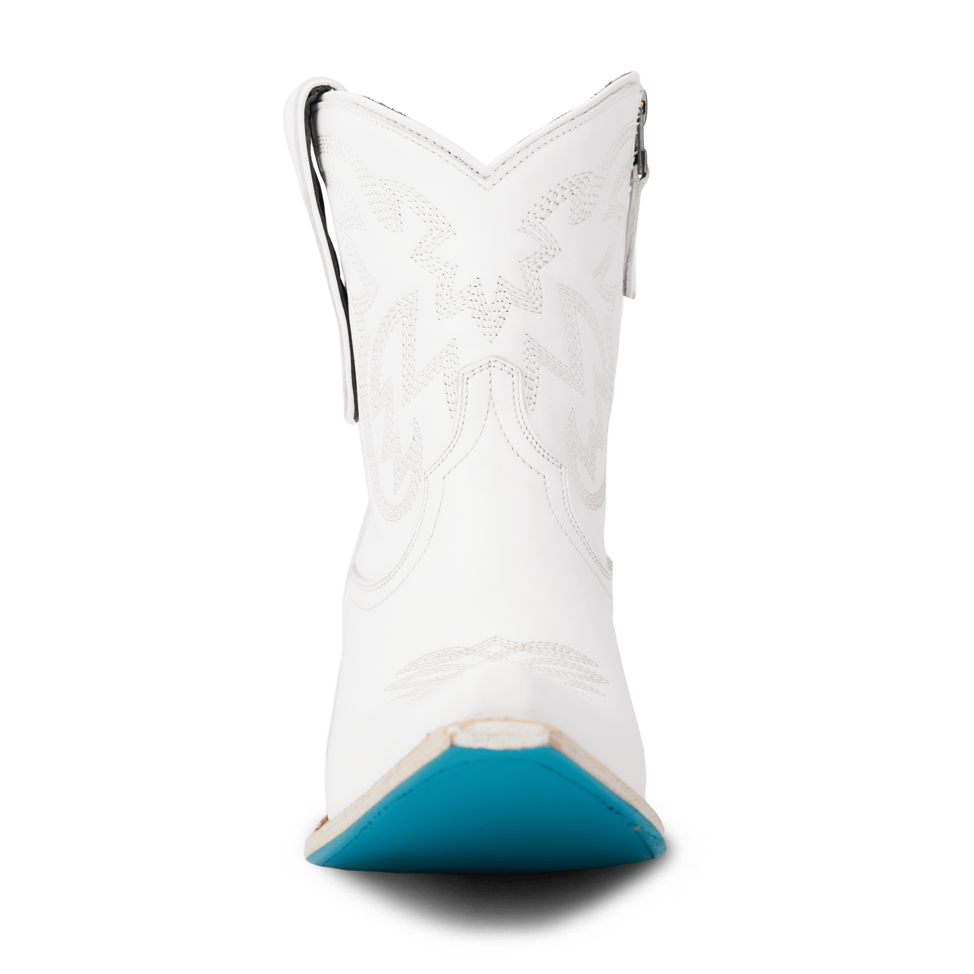 White Smokeshow Bootie cowboy boot with blue sole.
