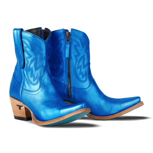 Blue metallic cowboy ankle boots