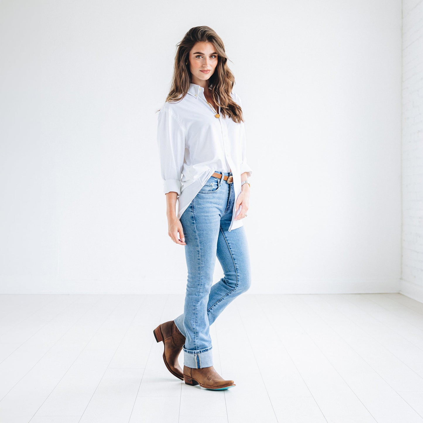 Emma Jane Bootie in Desert Clay worn by woman