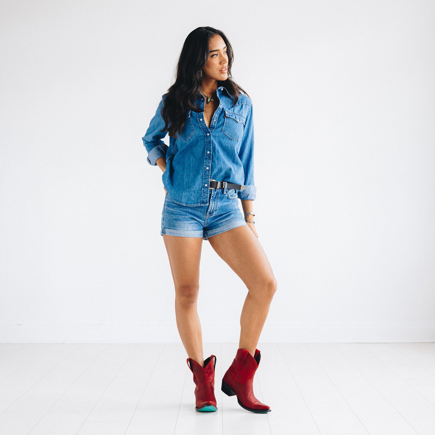 Woman in denim with Smoldering Ruby Emma Jane booties