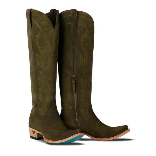 Olive suede knee-high boots