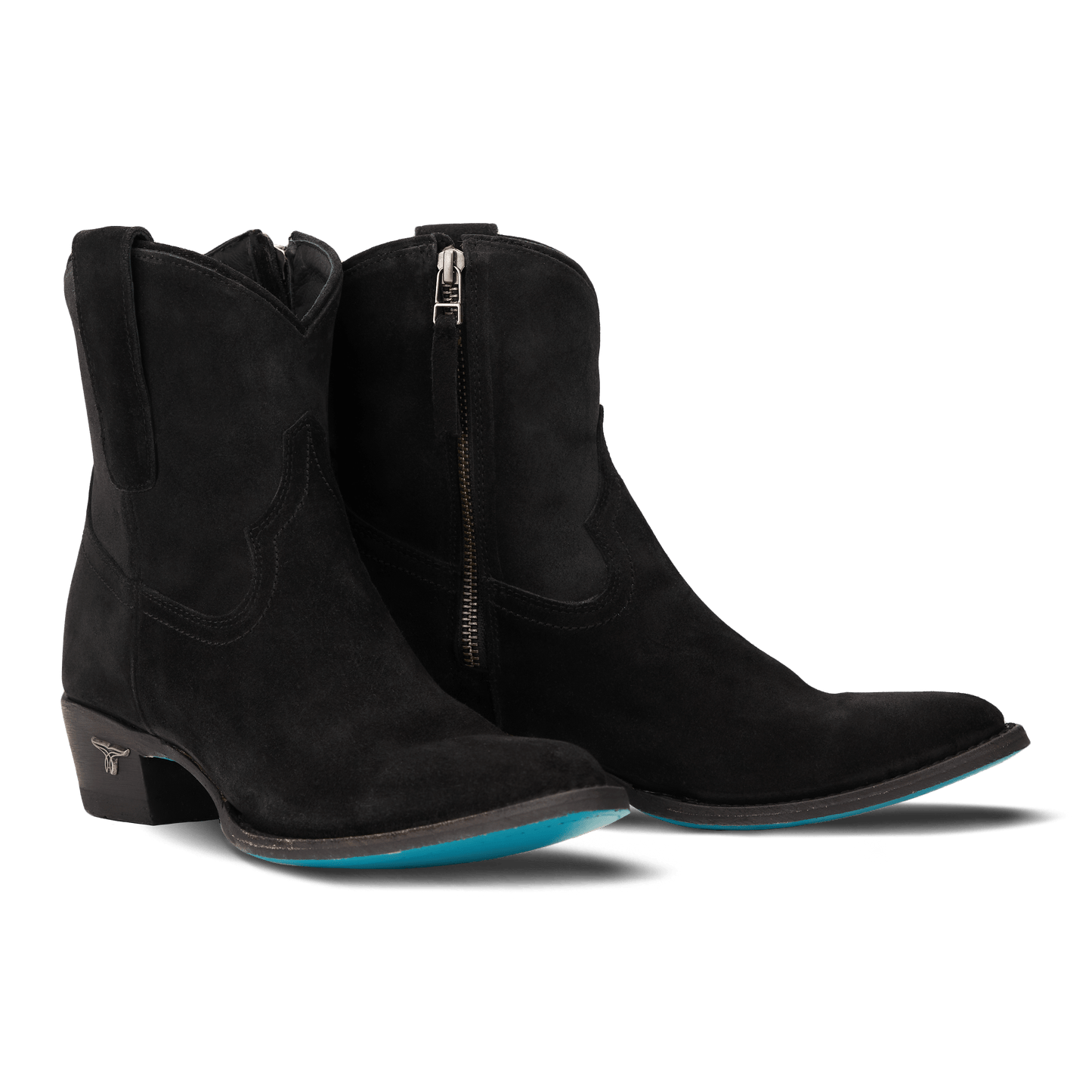 Black suede ankle boots with turquoise sole