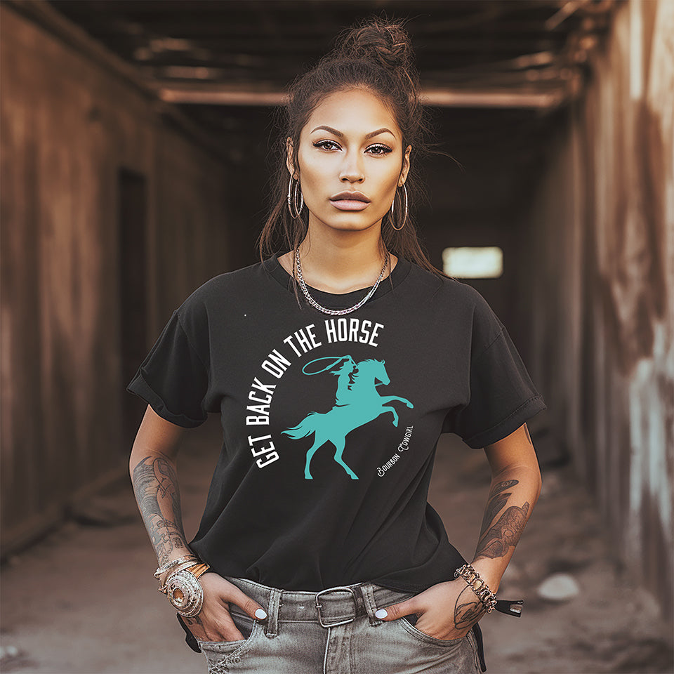 Native American woman in Get Back on the Horse shirt