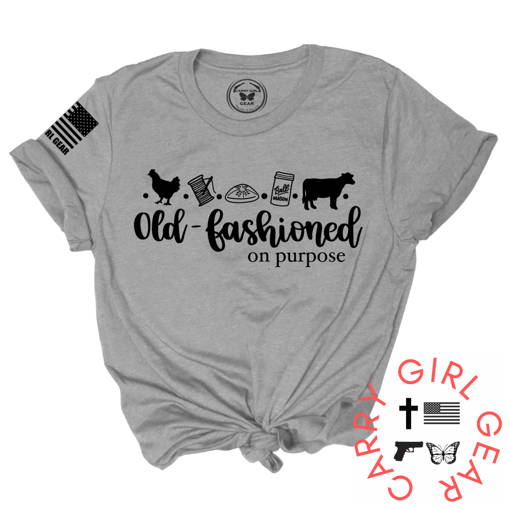 Old-fashioned steel unisex tee with Old-fashioned on purpose graphic