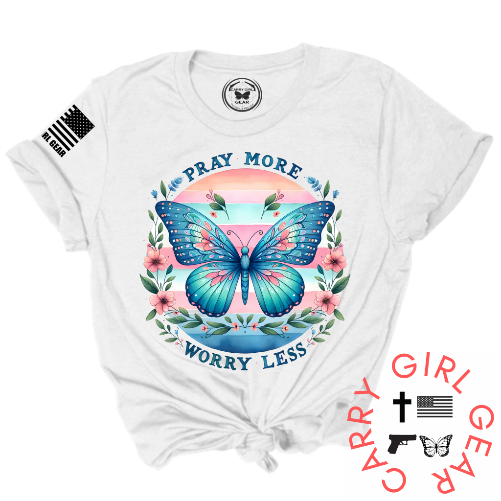 Pray More Worry Less butterfly tee - white