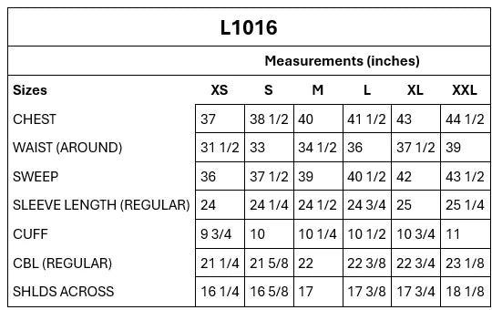 Chest, Waist, Sleeve, & Measurements in Inches
