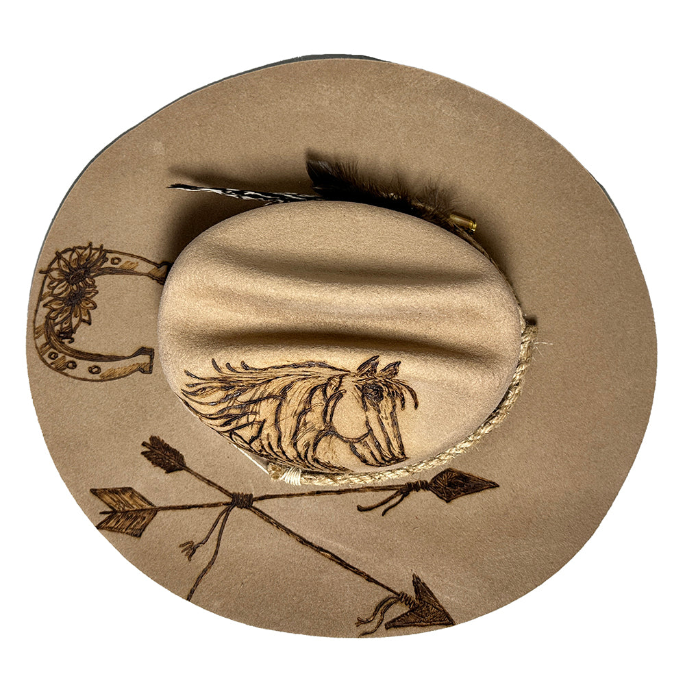 Tan hat with horse design