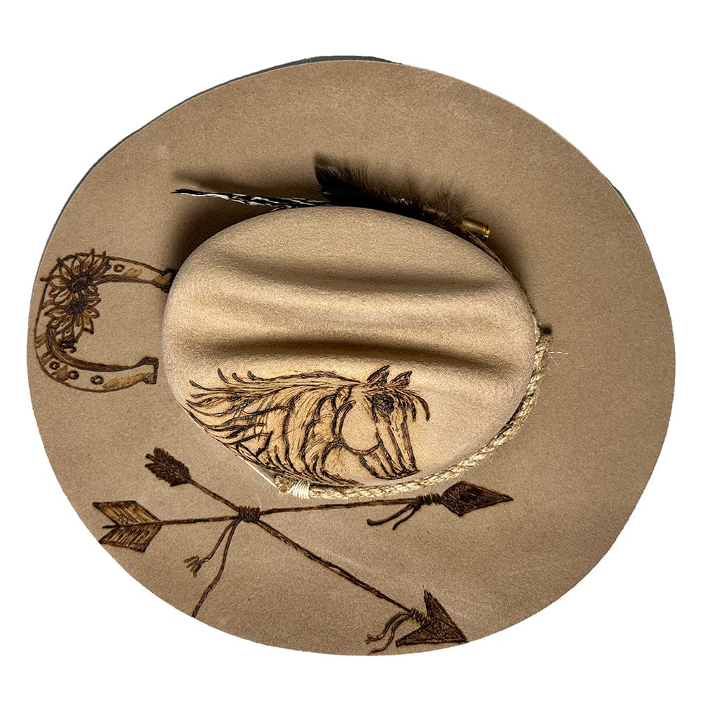 Tan hat with horse design