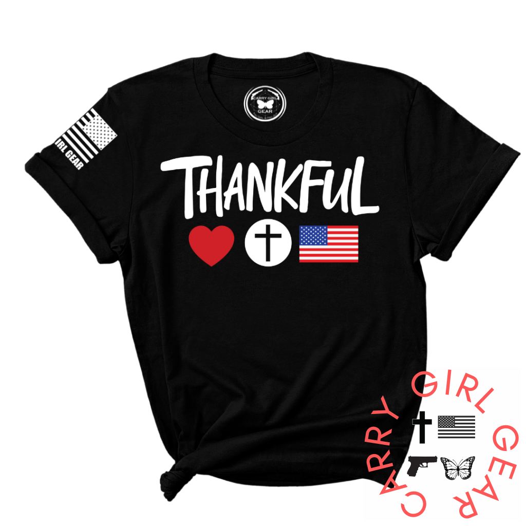 Black unisex Thankful tee with American flag & cross