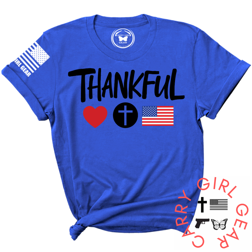 Royal blue unisex Thankful tee with cross & flag