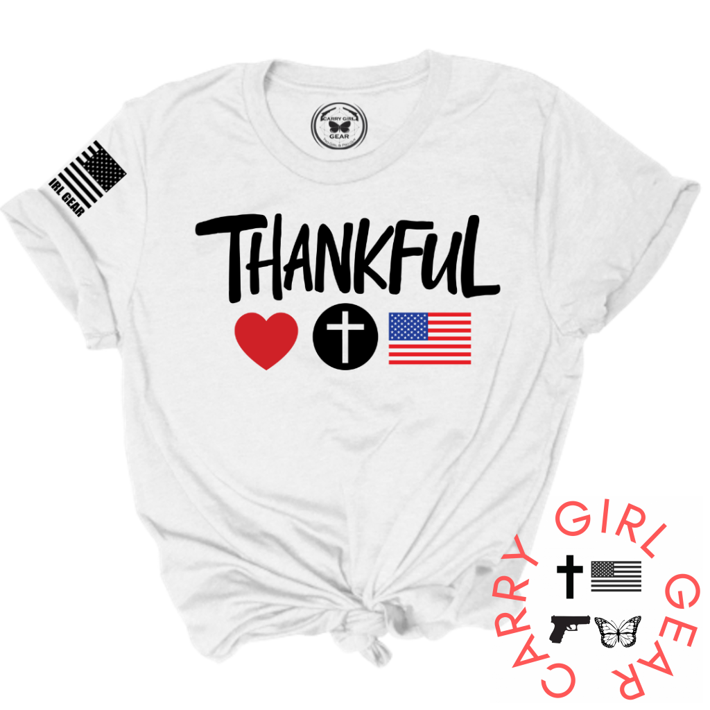 Thankful tee shirt with heart, cross, American flag - unisex white
