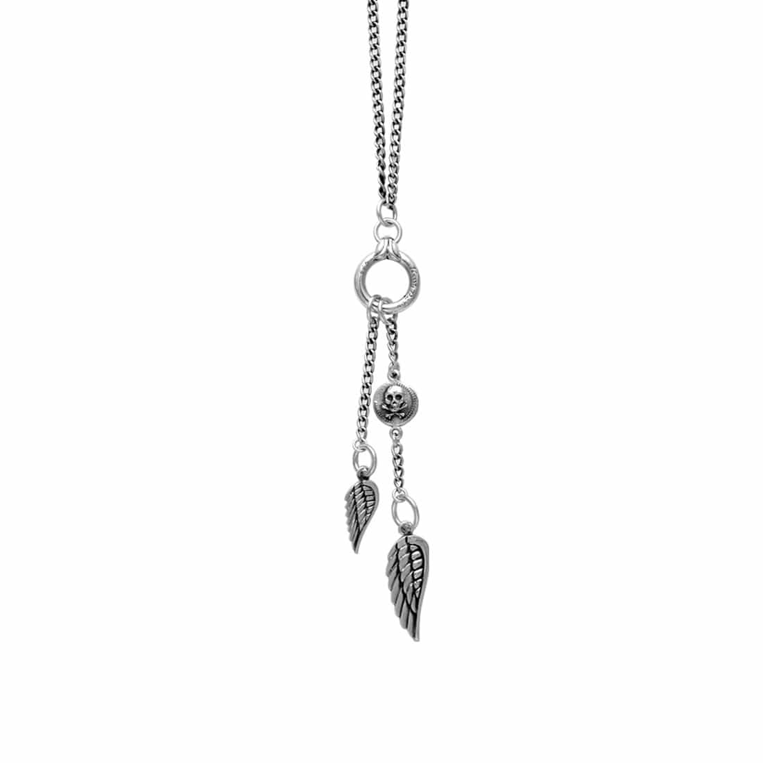 Silver pendant necklace with skull and feather charms