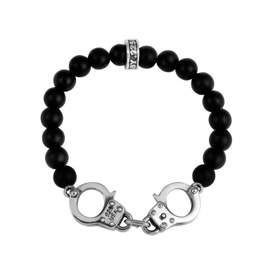 Black beaded bracelet with silver handcuff clasp