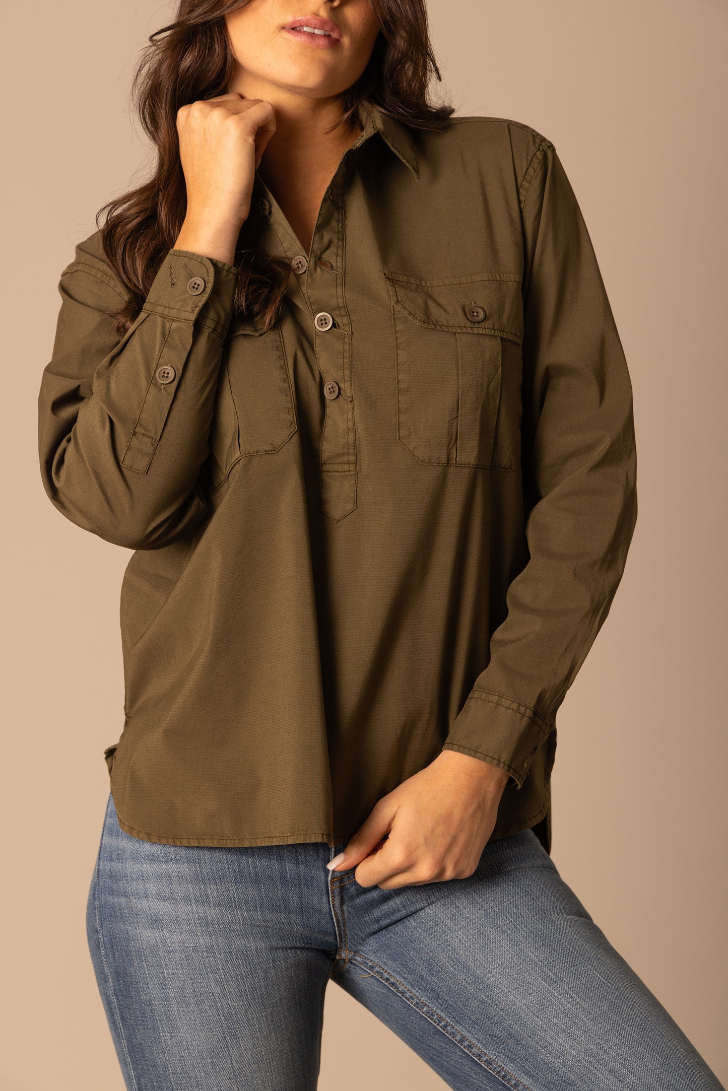 Olive green button-up shirt on woman, unnamed-204