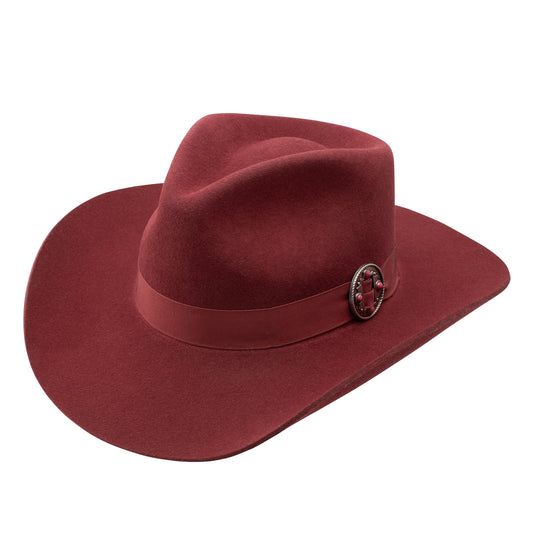Red felt hat with decorative buckle