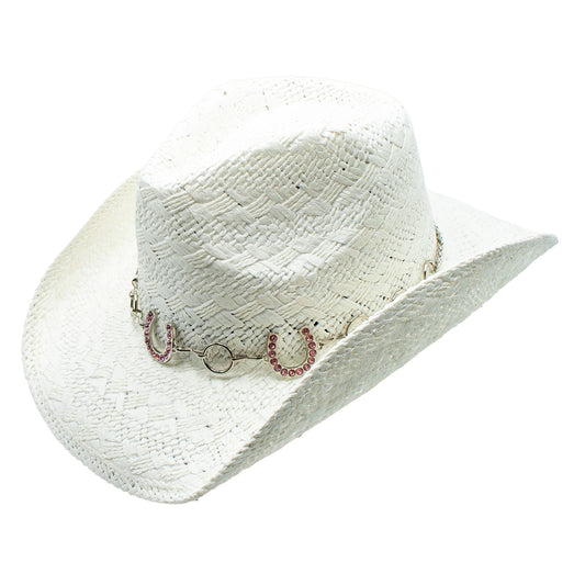 White cowboy hat with pink horseshoe detail