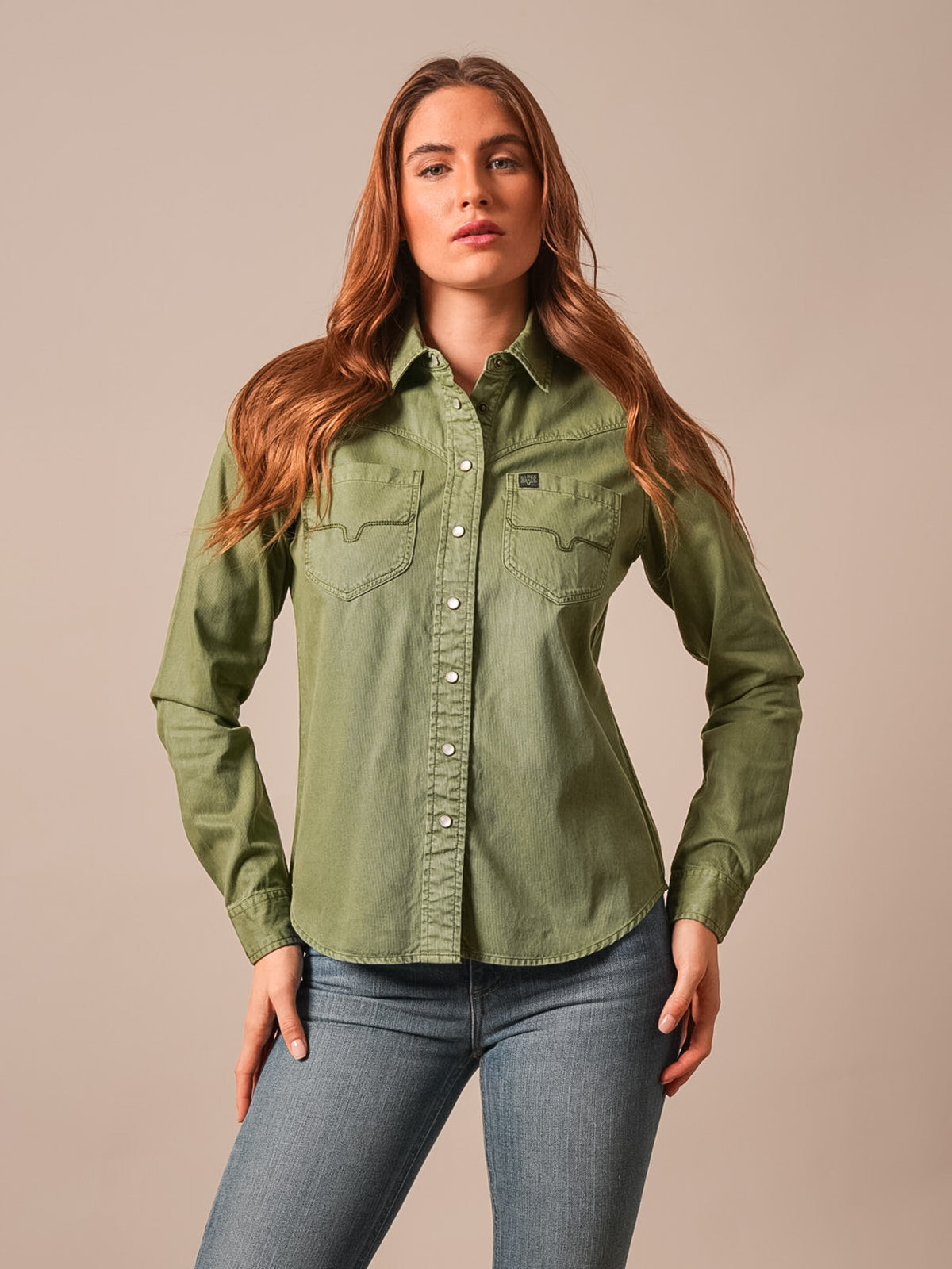 Della Snap Front Shirt by Kimes Ranch, Moss