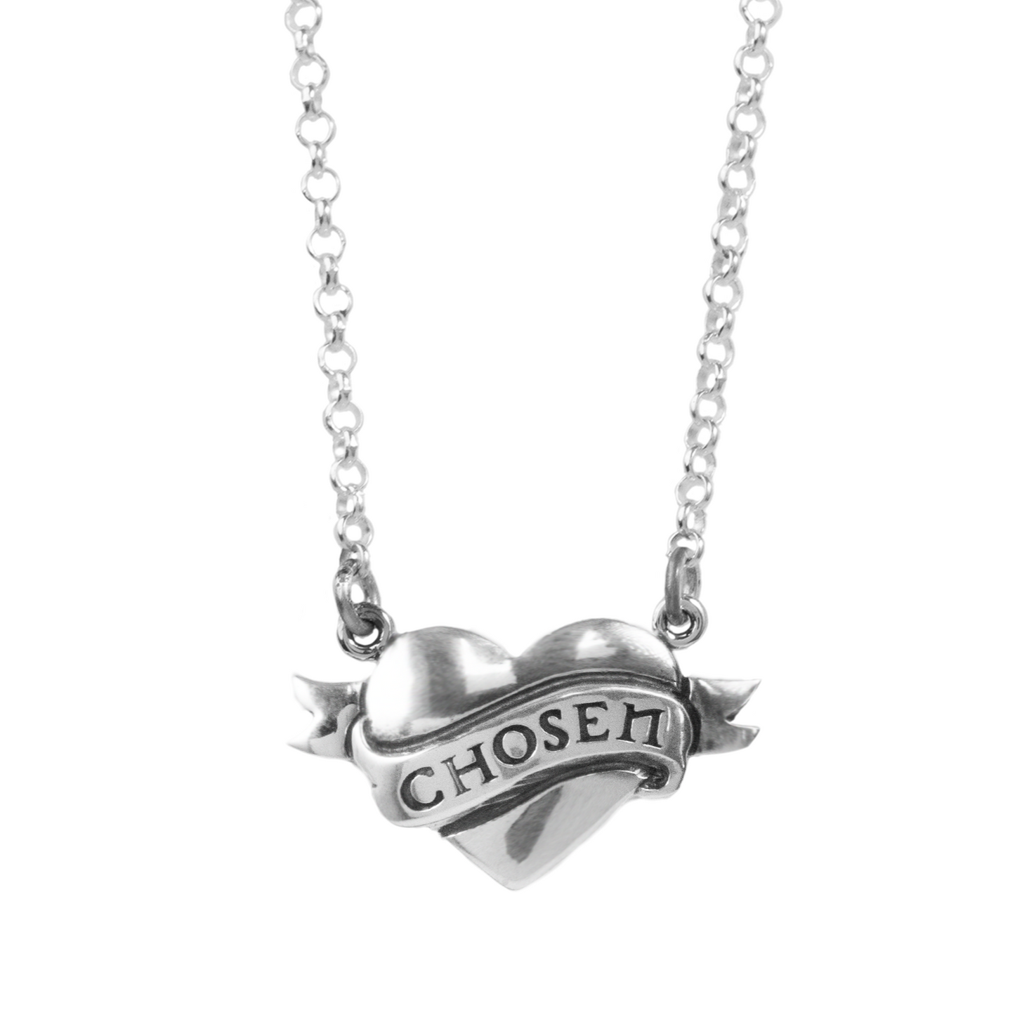 Silver heart necklace with Chosen inscription