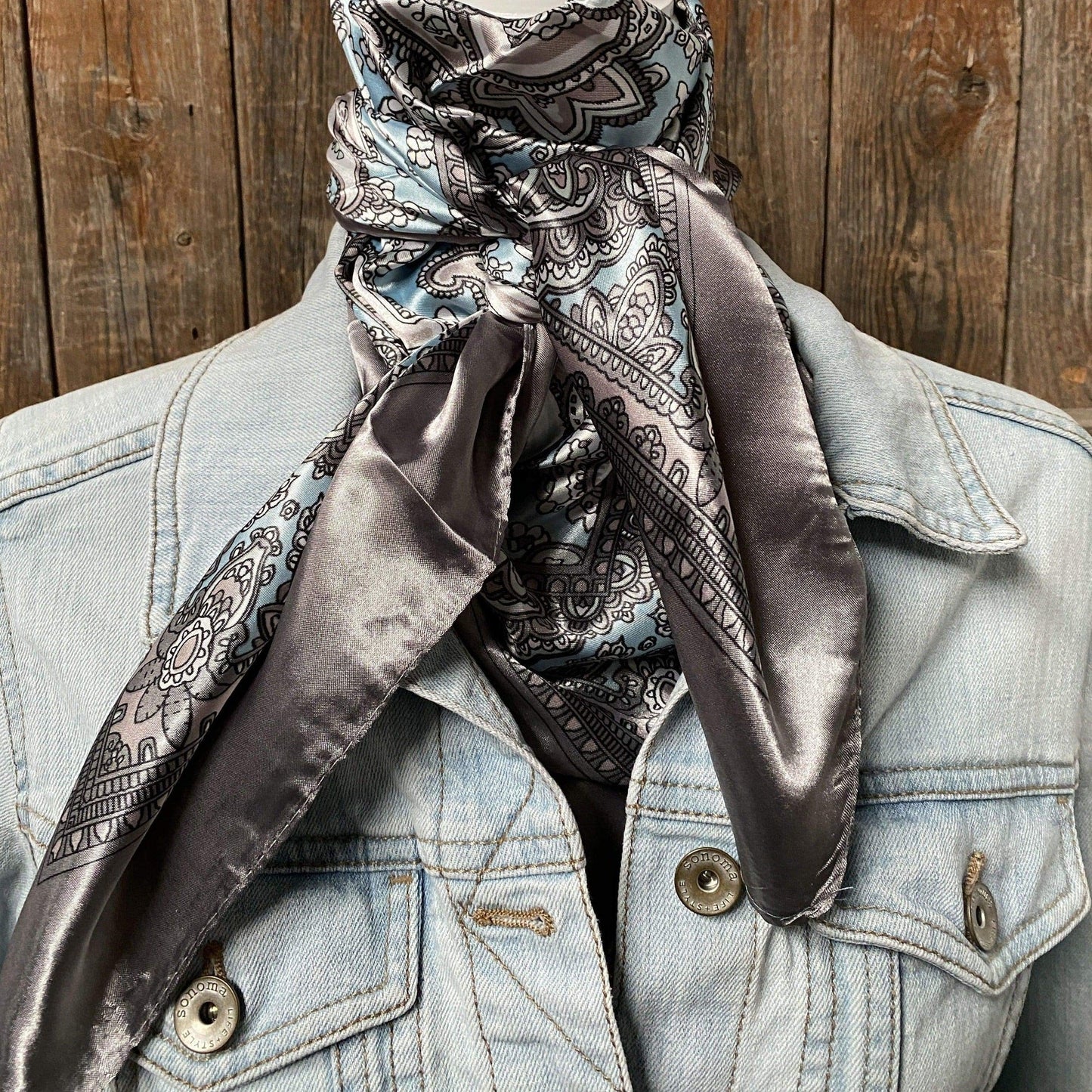 Grey & turquoise paisley wild rag scarf (WR2144)